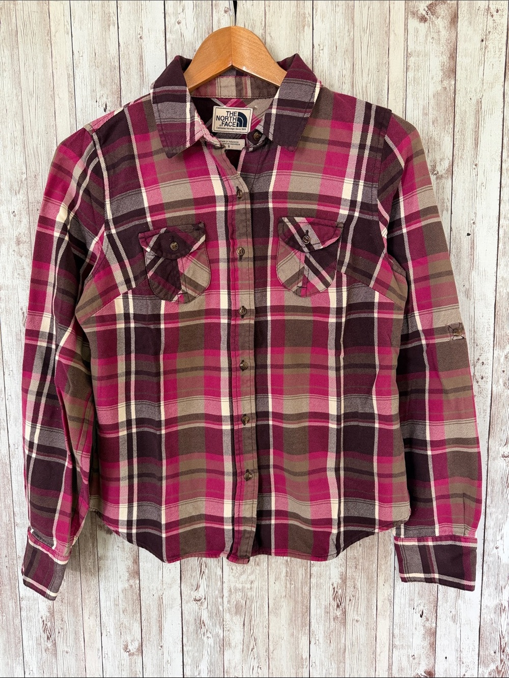 The North Face Flannel Shirt sz Small Women’s Plaid Pink Purple Brown Outdoor